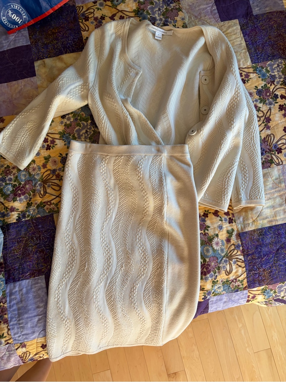 Diane Von Furstenberg Cream Textured Knit Skirt Set